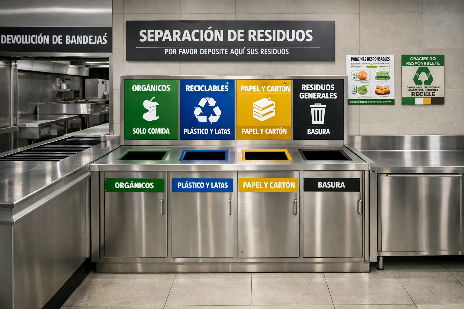 Ecopunto ECHO Modular TRIO en comedor industrial colombiano — señalización de fracciones orgánica, aprovechable y no aprovechable