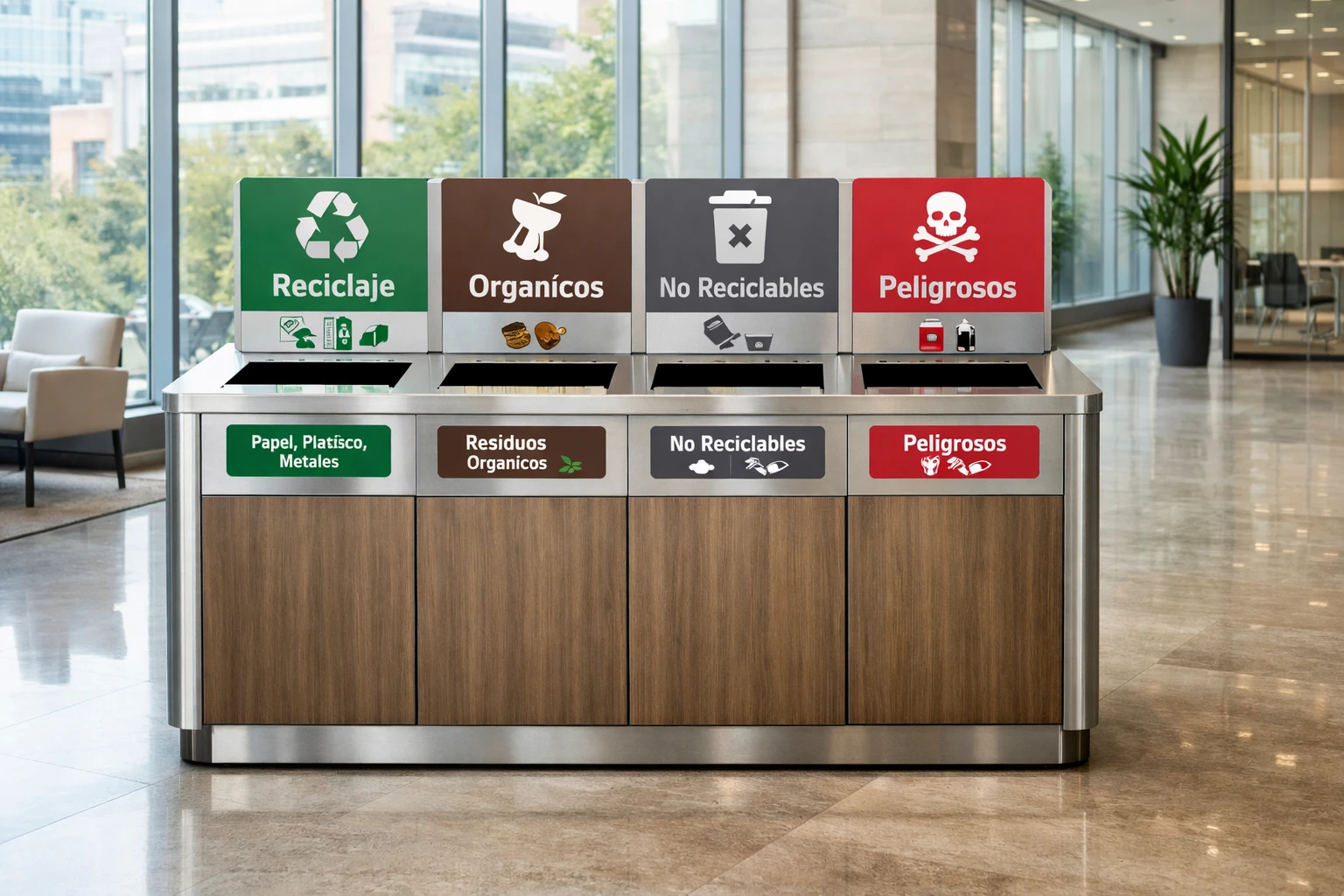 Punto ecológico modular ECHO instalado en empresa colombiana para clasificación de residuos