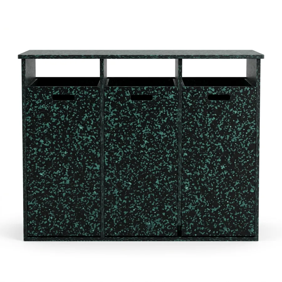 ECHO Flex TRIO — Vista frontal de la estación de reciclaje exterior con 3 puertas frontales abatibles, fabricada en HDPE 100% reciclado