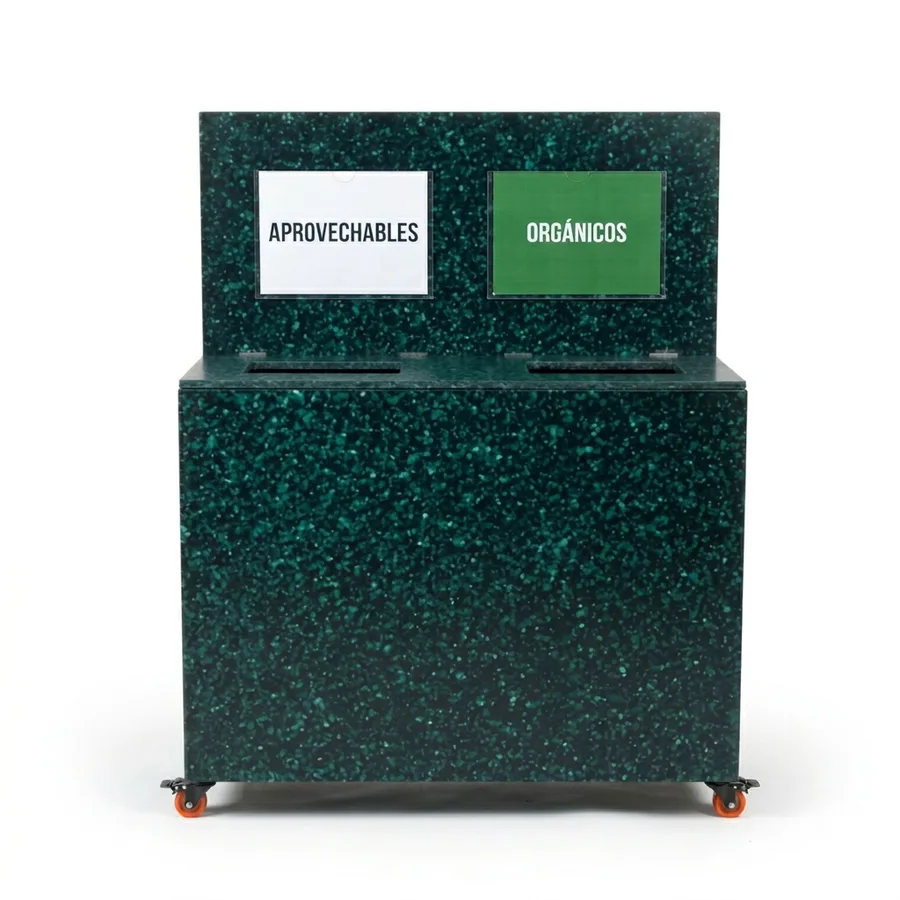 ECHO Modular SZ DUO — Ecopunto compacto alto de 2 compartimentos y perfil estrecho para pasillos, fabricado en HDPE 100% reciclado